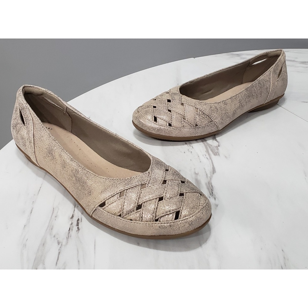 NEW SZ 9 Clarks Collection Suede Flats Gracelin Maze Pewter Cross Straps Slip On